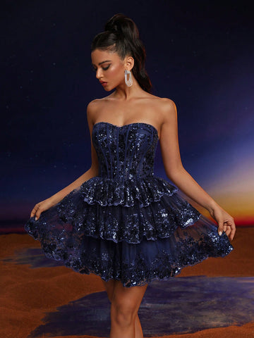 Anymoon Sequin Lace Strapless Cocktail Dress