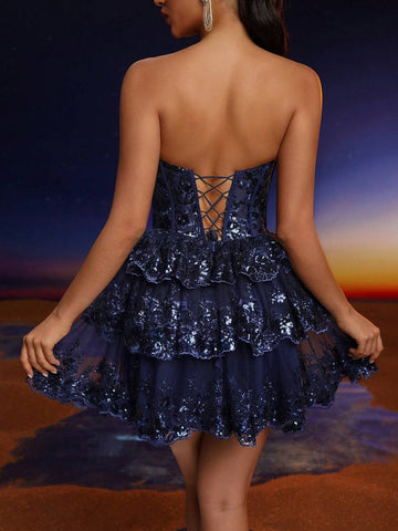 Anymoon Sequin Lace Strapless Cocktail Dress