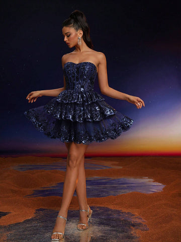 Anymoon Sequin Lace Strapless Cocktail Dress