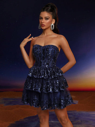 Anymoon Sequin Lace Strapless Cocktail Dress
