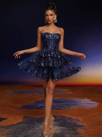 Anymoon Sequin Lace Strapless Cocktail Dress