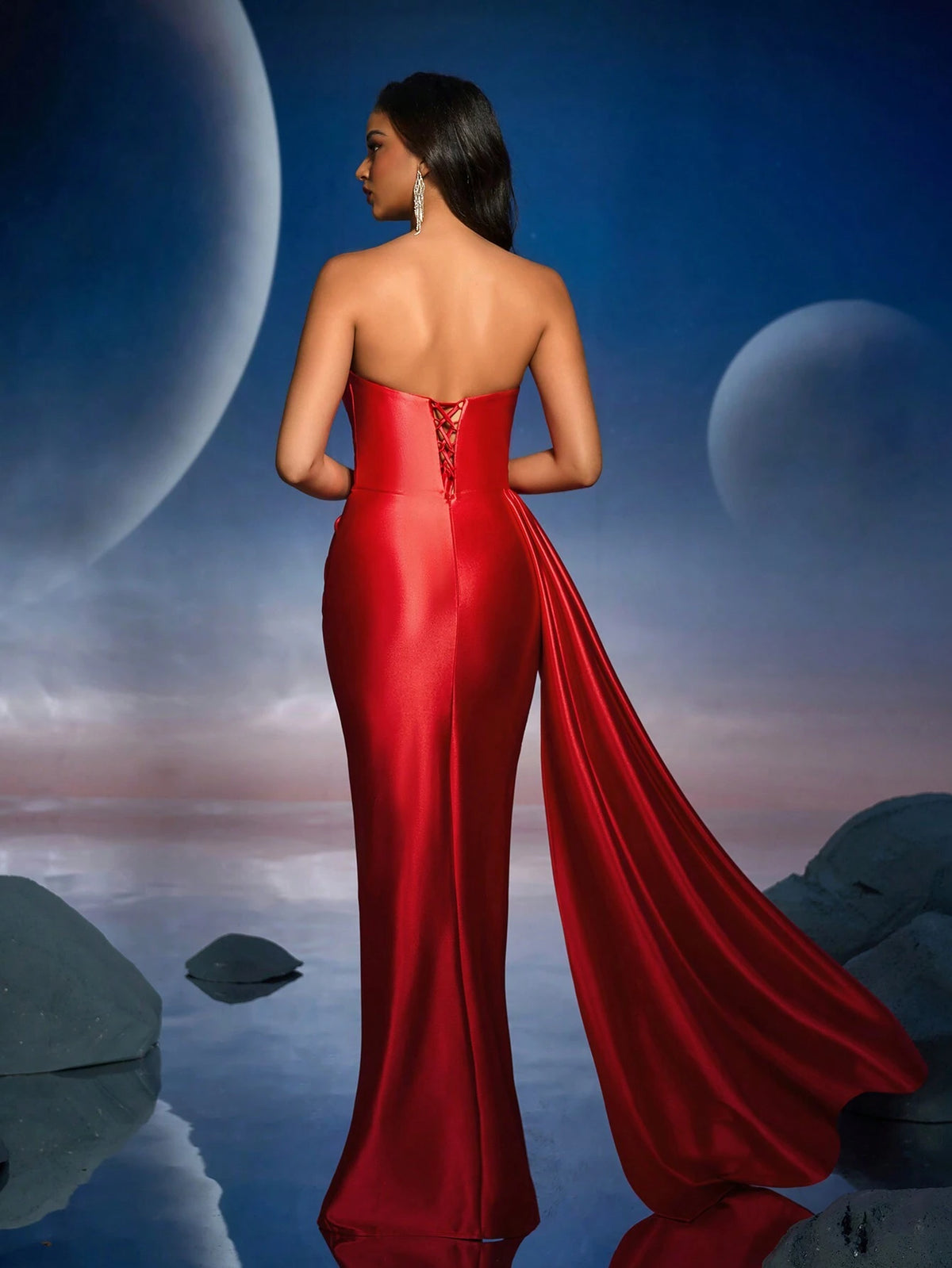 Anymoon Solid Color Sequins High Waist Side Slit Fishtail Tail Trailing Formal Dress ,Bridesmaid Dress ,Prom Dress,Cocktail Dress ,Suitable For Music Festivals, Graduations, Homecomings, Parties, Cocktail Parties And More