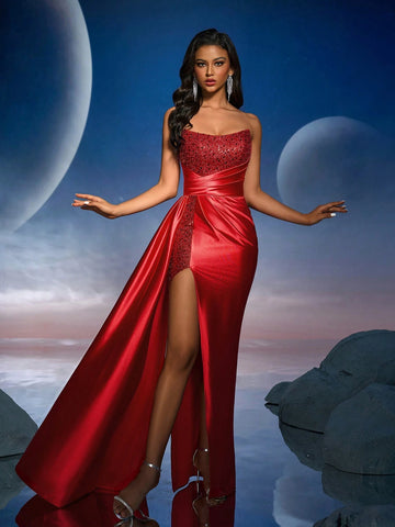 Anymoon Solid Color Sequins High Waist Side Slit Fishtail Tail Trailing Formal Dress ,Bridesmaid Dress ,Prom Dress,Cocktail Dress ,Suitable For Music Festivals, Graduations, Homecomings, Parties, Cocktail Parties And More