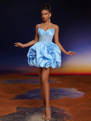 Anymoon Spaghetti Strap Lace High Waist Ruffle Hem Evening Formal Dress (Heavy Embroidered)