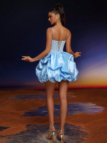 Anymoon Spaghetti Strap Lace High Waist Ruffle Hem Evening Formal Dress (Heavy Embroidered)