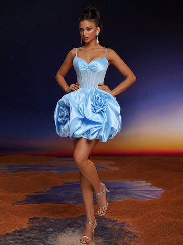 Anymoon Spaghetti Strap Lace High Waist Ruffle Hem Evening Formal Dress (Heavy Embroidered)