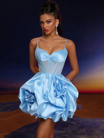 Anymoon Spaghetti Strap Lace High Waist Ruffle Hem Evening Formal Dress (Heavy Embroidered)