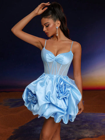 Anymoon Spaghetti Strap Lace High Waist Ruffle Hem Evening Formal Dress (Heavy Embroidered)