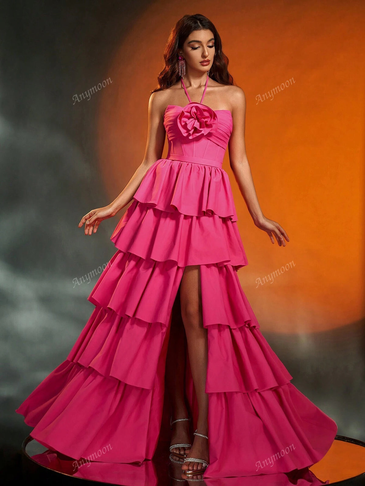 Anymoon Strapless 3D Hand Floral Heavy Multi-Layer Pleats Large A Swing Long Evening Gown