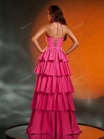 Anymoon Strapless 3D Hand Floral Heavy Multi-Layer Pleats Large A Swing Long Evening Gown