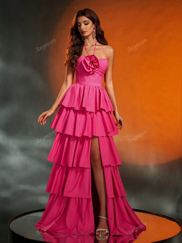 Anymoon Strapless 3D Hand Floral Heavy Multi-Layer Pleats Large A Swing Long Evening Gown