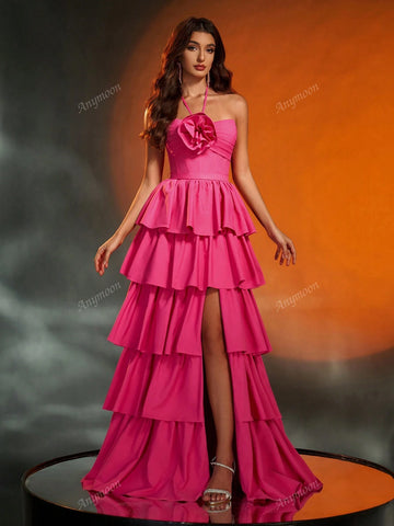 Anymoon Strapless 3D Hand Floral Heavy Multi-Layer Pleats Large A Swing Long Evening Gown