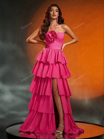 Anymoon Strapless 3D Hand Floral Heavy Multi-Layer Pleats Large A Swing Long Evening Gown