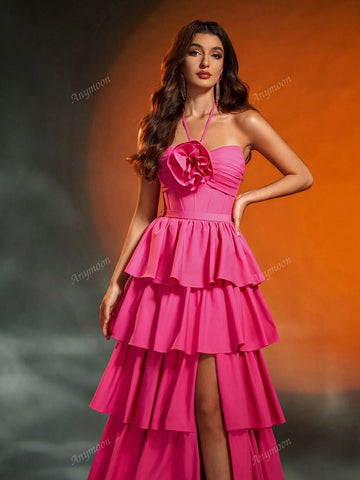 Anymoon Strapless 3D Hand Floral Heavy Multi-Layer Pleats Large A Swing Long Evening Gown