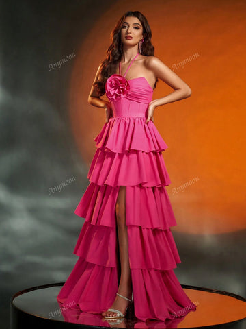 Anymoon Strapless 3D Hand Floral Heavy Multi-Layer Pleats Large A Swing Long Evening Gown