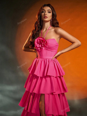 Anymoon Strapless 3D Hand Floral Heavy Multi-Layer Pleats Large A Swing Long Evening Gown