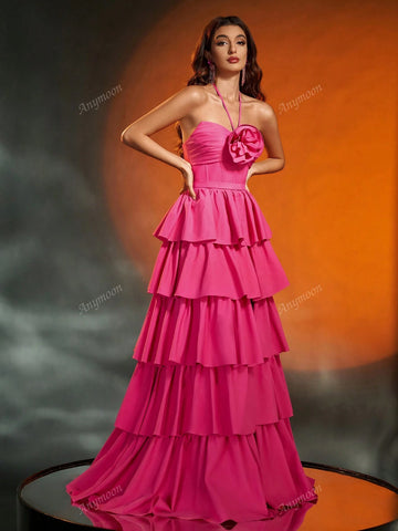 Anymoon Strapless 3D Hand Floral Heavy Multi-Layer Pleats Large A Swing Long Evening Gown