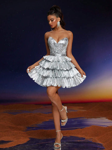 Anymoon Strapless V-Neck Ruffle Hem Formal Gown