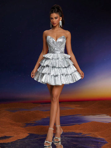 Anymoon Strapless V-Neck Ruffle Hem Formal Gown