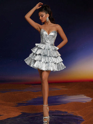 Anymoon Strapless V-Neck Ruffle Hem Formal Gown