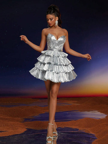 Anymoon Strapless V-Neck Ruffle Hem Formal Gown