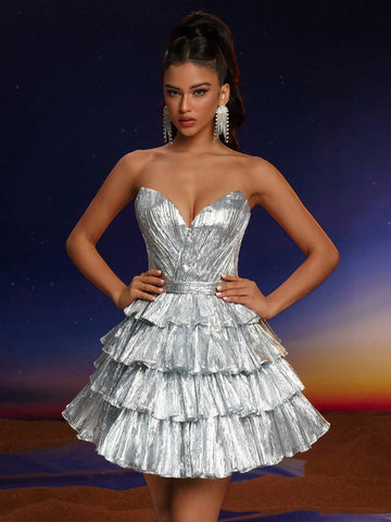 Anymoon Strapless V-Neck Ruffle Hem Formal Gown