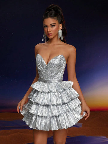 Anymoon Strapless V-Neck Ruffle Hem Formal Gown