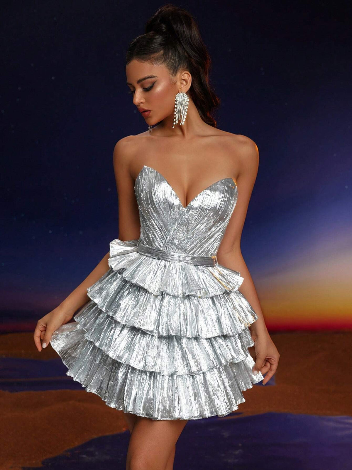 Anymoon Strapless V-Neck Ruffle Hem Formal Gown