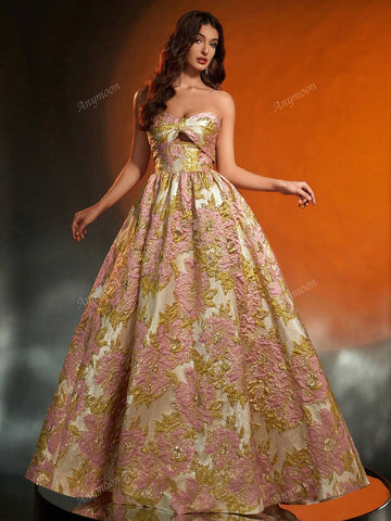 Anymoon Women Shiny 3D Floral Jacquard Evening Dress