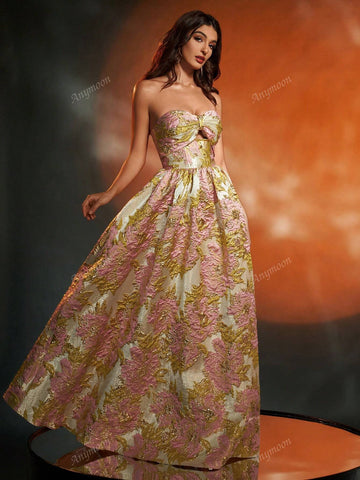 Anymoon Women Shiny 3D Floral Jacquard Evening Dress