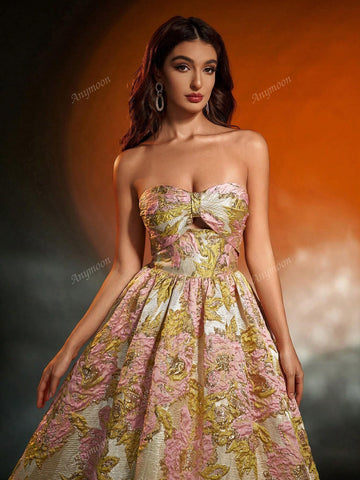 Anymoon Women Shiny 3D Floral Jacquard Evening Dress
