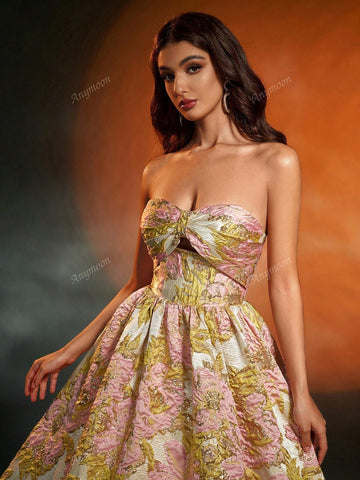 Anymoon Women Shiny 3D Floral Jacquard Evening Dress