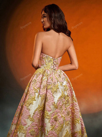 Anymoon Women Shiny 3D Floral Jacquard Evening Dress
