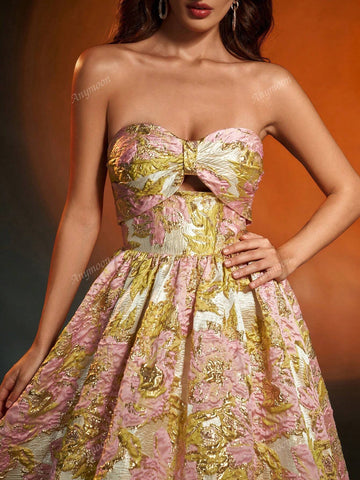 Anymoon Women Shiny 3D Floral Jacquard Evening Dress