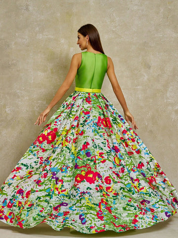 Anymoon Women's Ink Graffiti Printed Long Evening Dress