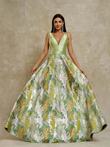 Anymoon Women's V-Neck Graffiti Jacquard Long Evening Dress