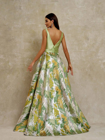 Anymoon Women's V-Neck Graffiti Jacquard Long Evening Dress