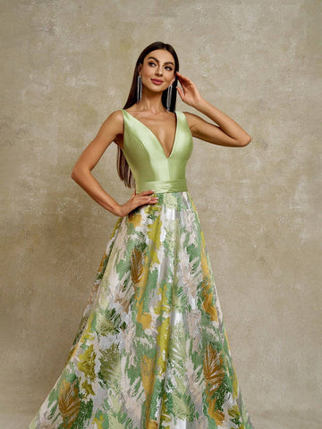 Anymoon Women's V-Neck Graffiti Jacquard Long Evening Dress