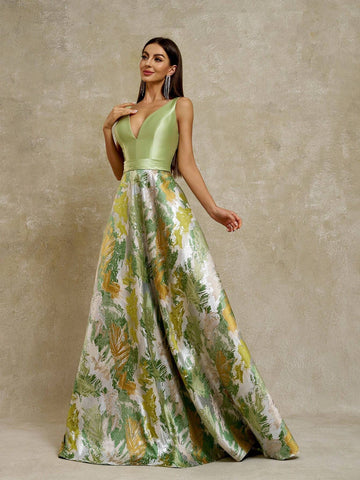 Anymoon Women's V-Neck Graffiti Jacquard Long Evening Dress