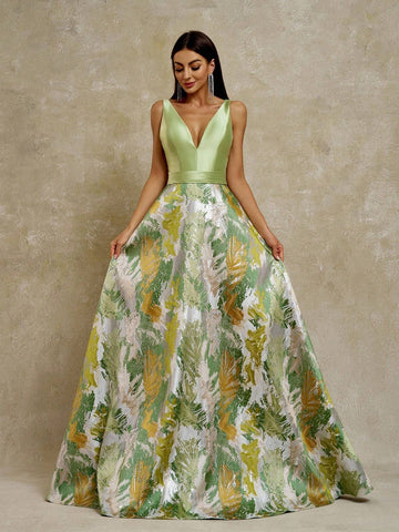 Anymoon Women's V-Neck Graffiti Jacquard Long Evening Dress