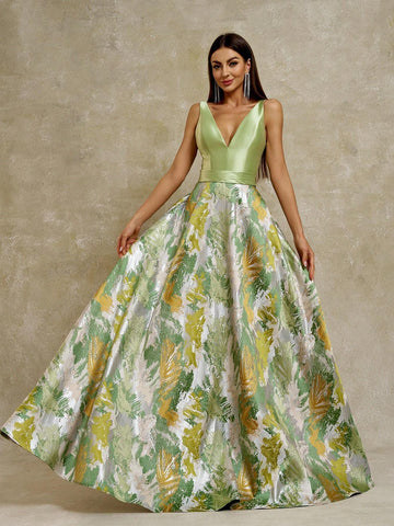 Anymoon Women's V-Neck Graffiti Jacquard Long Evening Dress