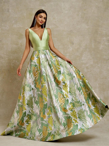 Anymoon Women's V-Neck Graffiti Jacquard Long Evening Dress