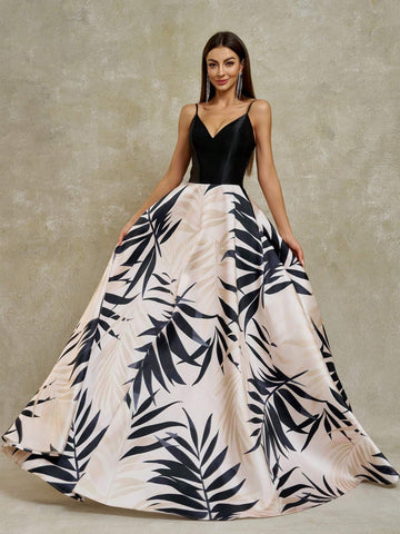 Anymoon Women's V-Neck Long Tropical Plant Printed Formal Evening Dress