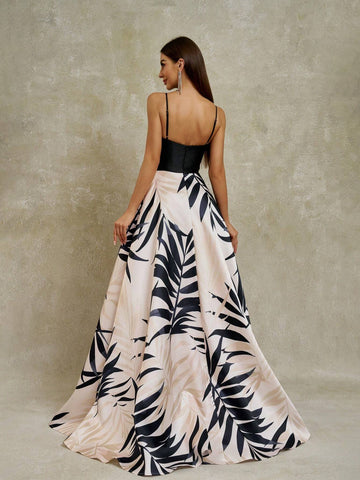 Anymoon Women's V-Neck Long Tropical Plant Printed Formal Evening Dress