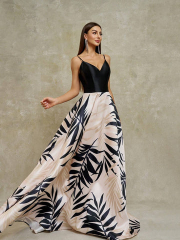 Anymoon Women's V-Neck Long Tropical Plant Printed Formal Evening Dress