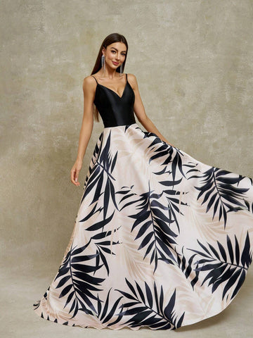 Anymoon Women's V-Neck Long Tropical Plant Printed Formal Evening Dress