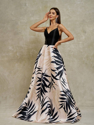 Anymoon Women's V-Neck Long Tropical Plant Printed Formal Evening Dress