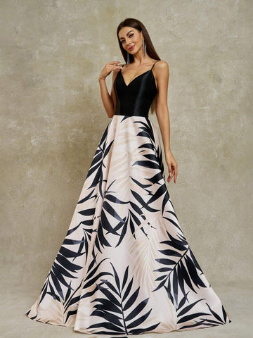 Anymoon Women's V-Neck Long Tropical Plant Printed Formal Evening Dress