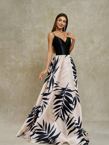 Anymoon Women's V-Neck Long Tropical Plant Printed Formal Evening Dress