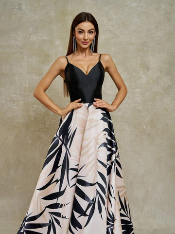 Anymoon Women's V-Neck Long Tropical Plant Printed Formal Evening Dress